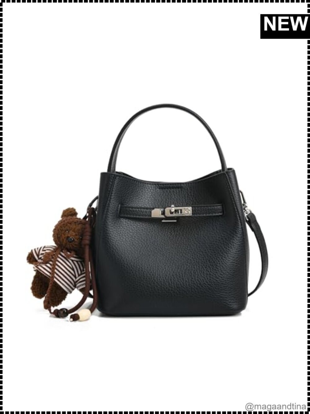 Pebbled Leather Crossbody Bucket Bag with Adjustable Strap & Top Handle